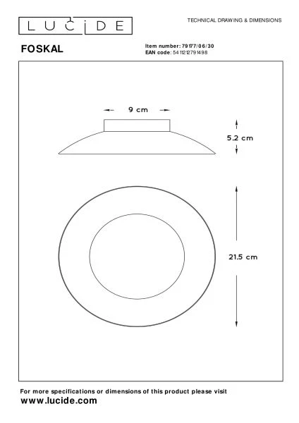 Lucide FOSKAL - Plafonnière - Ø 21,5 cm - LED - 1x6W 2700K - Zwart - technisch